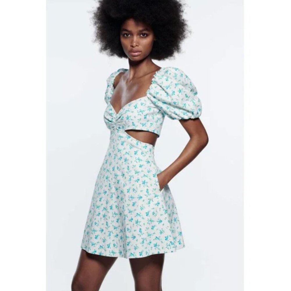 Zara Summer Mini Dress Skater Cut Out Floral Puff Sleeve Mini Dress XL
